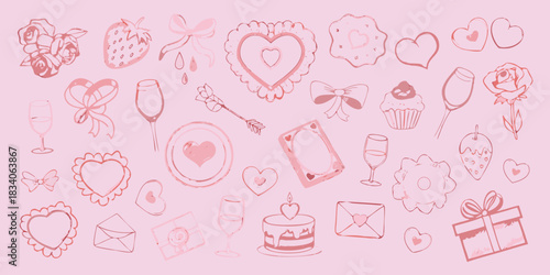Romantic pink doodle icons for valentine s day or wedding design