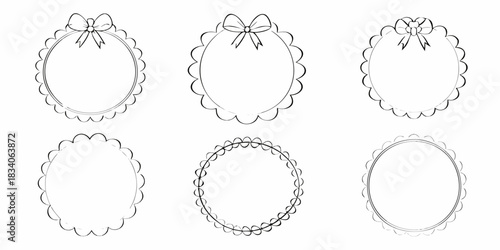 Collection of six round frames with scalloped edges and bows for design