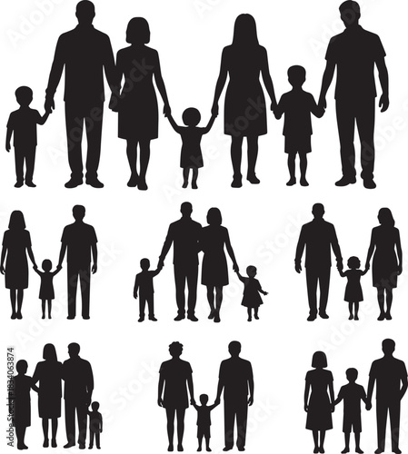 PrintSilhouettes of diverse families holding hands in various compositions

