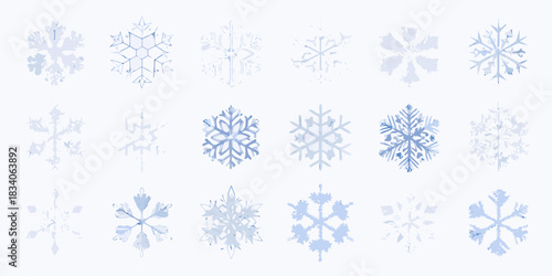 Collection of various hand drawn blue snowflakes on white background