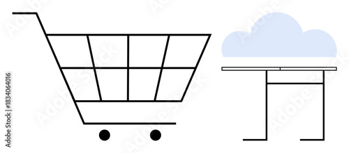 E-commerce, cloud computing, online shopping, digital sales, retail technology, modern businesses. Shopping cart next to a cloud on a table. E-commerce and cloud computing synergy concept