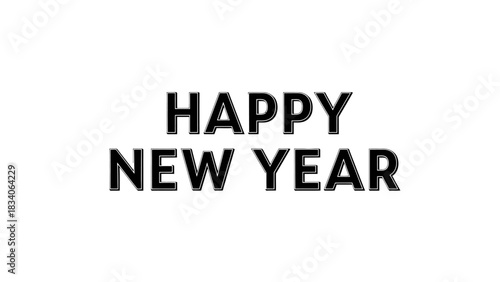 Happy New Year text in bold black font on a clean white background.