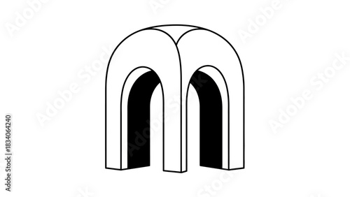 Abstract architectural structure featuring arches and geometric shapes in black and white.