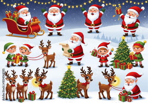 Character Illustrations: Santa Claus in various poses, cute Christmas elves, and reindeer