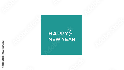 Happy New Year greeting card design with a teal square background.