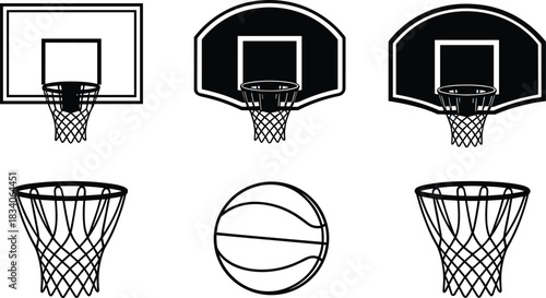 Dynamic Basketball Players and Referee Silhouettes Collection Showing Athletic Jumps, Slam Dunks, Dribbling Moves, and Game Action, Perfect for Sports Graphics and Design