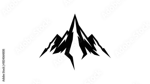 Black Silhouette of Jagged Mountain Peaks Against White Background.