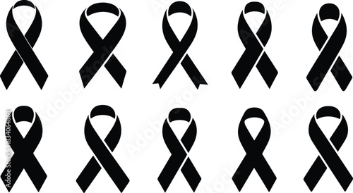 Set of Black Awareness Ribbon Vector Icons Representing Mourning, Condolence, Melanoma, Sleep Disorder, and Memorial Support Graphics and Design Elements