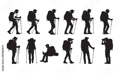 Silhouette vector of hikers walking resting and observing nature with trekking poles and backpacks in various outdoor adventure poses