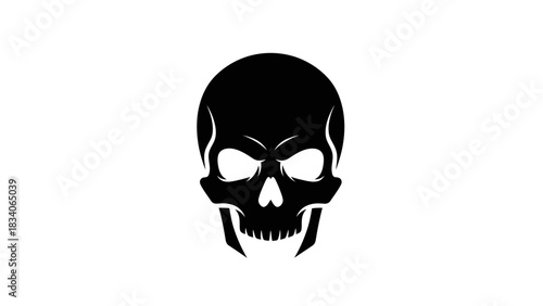 Stylized black skull silhouette with menacing expression and fangs.