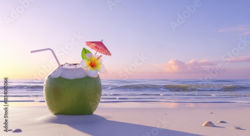 Fototapeta Naklejka Na Ścianę i Meble -  Refreshing coconut drink with umbrella on a sandy beach at sunset