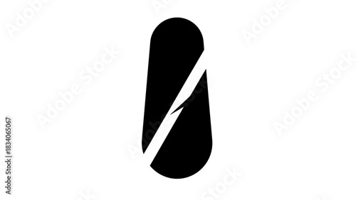 Abstract black shape with a diagonal white line, minimalist design.