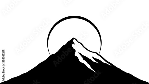 Monochrome mountain summit silhouette with a large celestial orb.
