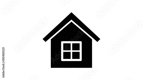 Simple Black and White House Icon with Window.