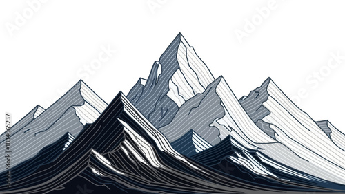 Majestic mountain range illustration showcasing peaks and valleys with detailed lines.