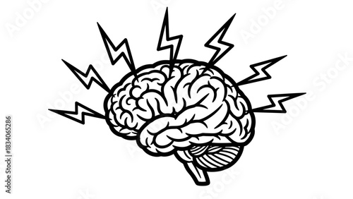 Brain illustration with lightning bolts representing mental activity and focus.