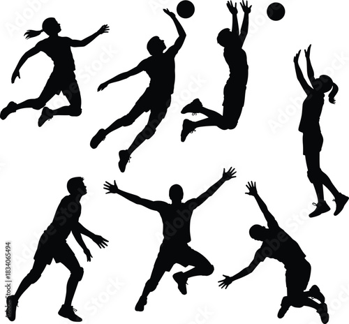 Dynamic Volleyball Player Silhouettes Collection Showing Athletic Jumps, Spikes, and Blocks, Perfect for Sports, Teamwork, and Fitness Graphic Design Elements