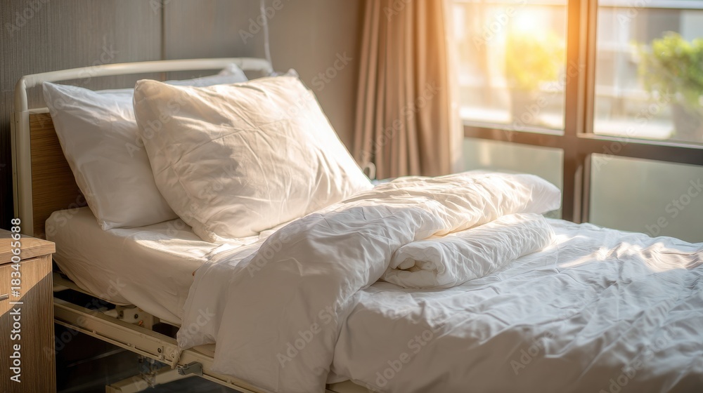 Fototapeta premium Clean hospital bed with pillow and white sheets near the window