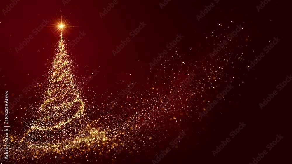 Naklejka premium Ethereal golden glitter tree with glowing star, festive minimalist composition with dynamic particles and clean deep red space