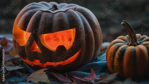 Spooky Glowing Jack-o'-Lantern Pumpkin on Autumn Leaves at Night