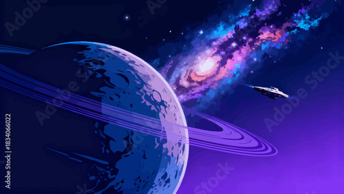 This vibrant cosmic illustration depicts a rocket traveling through space, surrounded by planets, moons, spiral galaxies, and stars, set against a colorful, star-filled dark background.