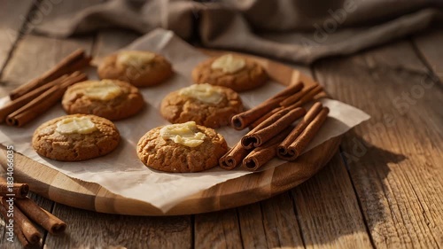 Cinematic Close-Up of Homemade Cinnamon Cookies with Cream Frosting on Wooden Board