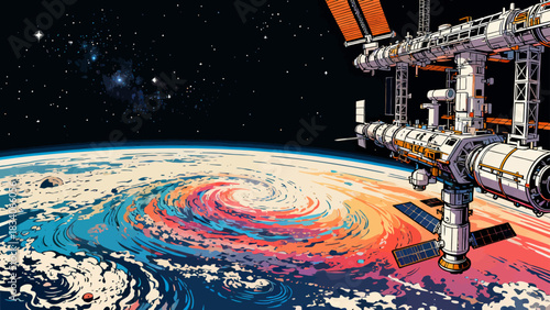 This vibrant cosmic illustration depicts a rocket traveling through space, surrounded by planets, moons, spiral galaxies, and stars, set against a colorful, star-filled dark background.