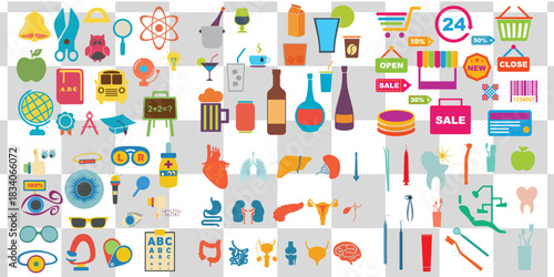 Mega Set Of Flat Colorful Icons For Education Medical Shopping And Food, Vector Symbol Collection
