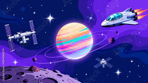 This vibrant cosmic illustration depicts a rocket traveling through space, surrounded by planets, moons, spiral galaxies, and stars, set against a colorful, star-filled dark background.