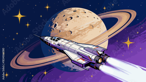 This vibrant cosmic illustration depicts a rocket traveling through space, surrounded by planets, moons, spiral galaxies, and stars, set against a colorful, star-filled dark background.