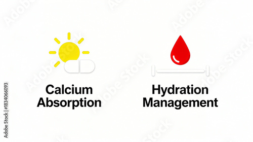 Sun capsules and blood droplet needle elements, calcium absorption and hydration management, suitable for nutrition and health science popularization or dietary supplement promotion materials.
