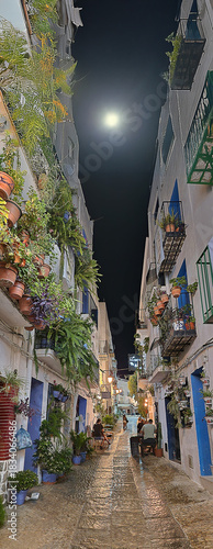 Peñíscola, old town, narrow streets, flowerpots, Mediterranean atmosphere, night, Castellón