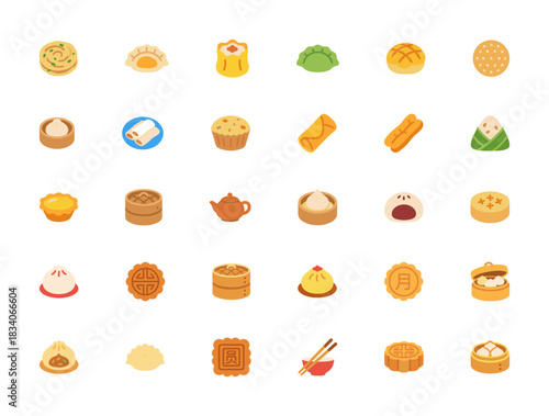 Large Flat Vector Icons Collection of Asian Dim Sum and Bao: Steamed Dumplings, Mooncakes, Teapots, and Chopsticks for Food