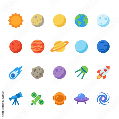 Large Flat Vector Solar System and Astronomy Icons: Planets, Sun, Moon, Asteroids, Rockets, and Telescopes for Science