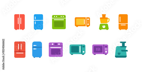 Colorful Flat Vector Household Appliance Icons: Refrigerators, Ovens, Microwaves, and Blenders for Modern Kitchen and Home