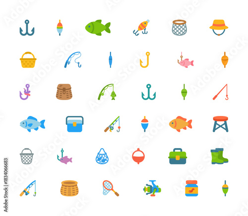Large Flat Vector Fishing Icons Collection: Hooks, Lures, Rods, Reels, Baskets, and Cooler Boxes for Hobby and Angling