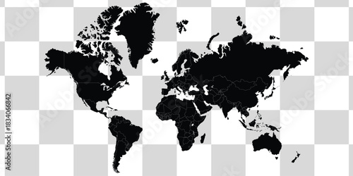 Black world map silhouette vector illustration, isolated earth continents for global design