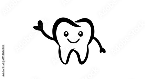 Happy tooth character waves cheerfully promoting dental health and smiles