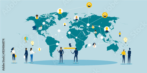 A group of professionals stands on a vibrant blue background, engaging with digital connections represented by a world map. They share ideas and collaborate on modern solutions.