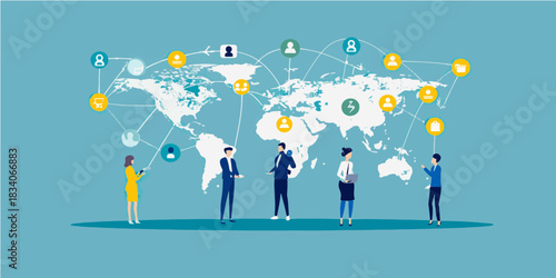 A group of professionals stands on a vibrant blue background, engaging with digital connections represented by a world map. They share ideas and collaborate on modern solutions.