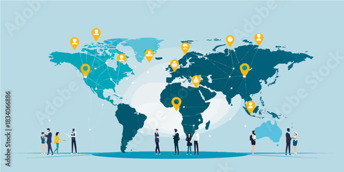 A group of professionals stands on a vibrant blue background, engaging with digital connections represented by a world map. They share ideas and collaborate on modern solutions.