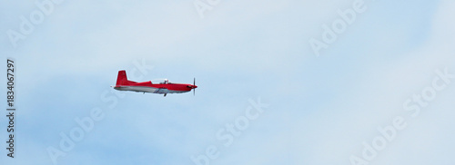 Aerobatic aircraft formation flight in the blue sky exhibition La Manga San Javier Murcia panoramic