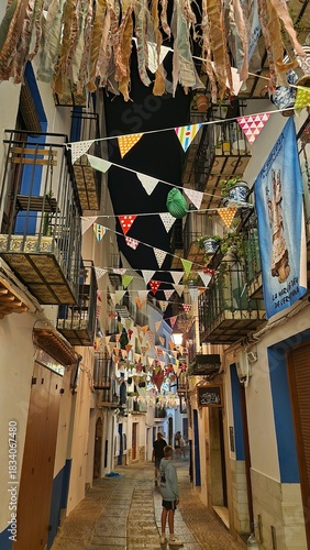 Peñíscola, old town, narrow streets, flowerpots, Mediterranean atmosphere, night, Castellón  