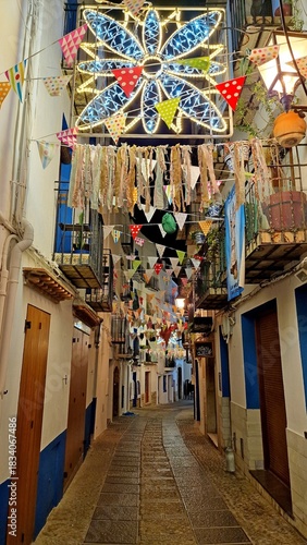 Peñíscola, old town, narrow streets, flowerpots, Mediterranean atmosphere, night, Castellón  