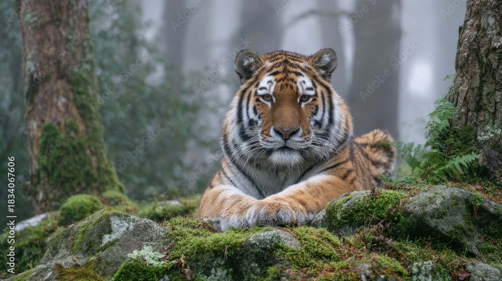 Obraz premium A tiger lounges on moss-covered rocks in a dense forest. The scene has fog and trees surrounding the animal. Soft light filters through the branches