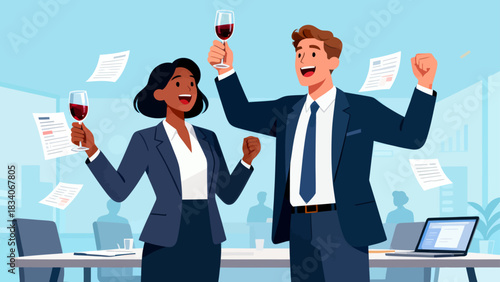 This office illustration shows a team of businesspeople toasting with champagne glasses, surrounded by falling confetti and ribbons, capturing the joyful celebration of a work success or achievement.
