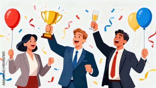 This office illustration shows a team of businesspeople toasting with champagne glasses, surrounded by falling confetti and ribbons, capturing the joyful celebration of a work success or achievement.