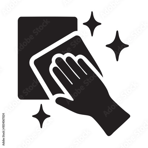 Hand cleaning surface wiping with cloth icon symbol sign black and white art