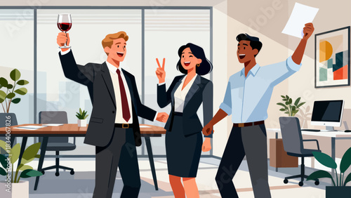 This office illustration shows a team of businesspeople toasting with champagne glasses, surrounded by falling confetti and ribbons, capturing the joyful celebration of a work success or achievement.