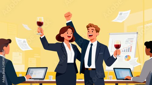 This office illustration shows a team of businesspeople toasting with champagne glasses, surrounded by falling confetti and ribbons, capturing the joyful celebration of a work success or achievement.